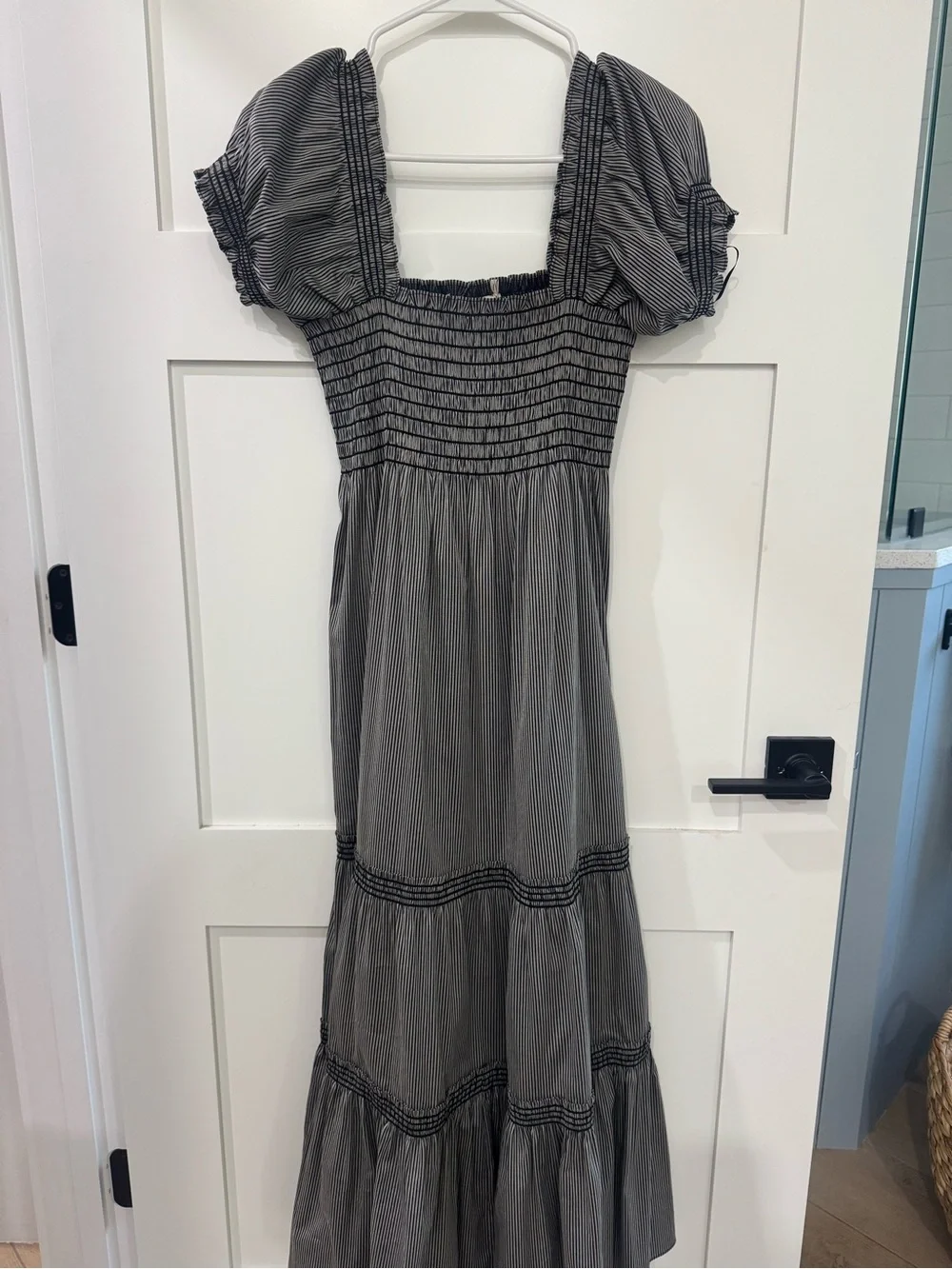 Tory Burch Black and White Striped Smocked Maxi Dress